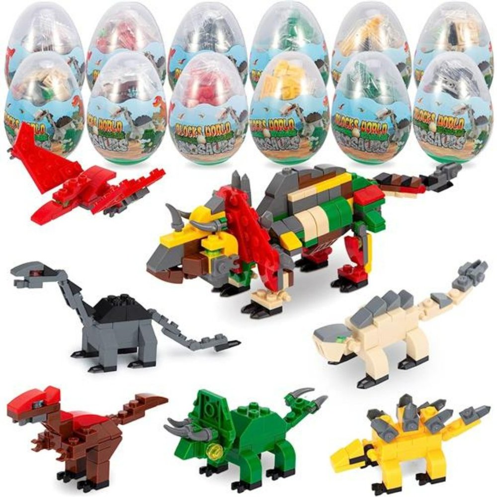 12pcs Easter Egg Prefilled w/ Dinosaur Building Blocks for Easter Basket Stuffer